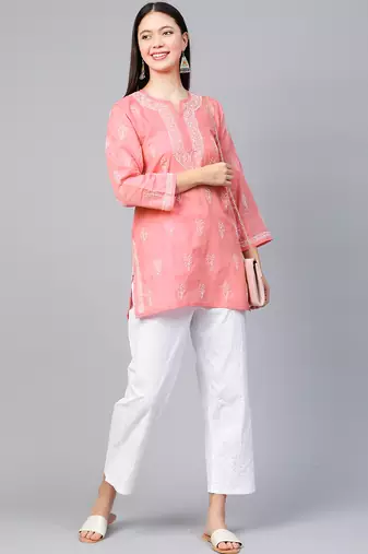 Hand embroidered peach cotton lucknowi chikankari short kurti