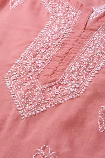 Hand embroidered peach cotton lucknowi chikankari short kurti