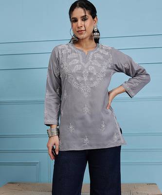 Hand embroidered grey cotton lucknowi chikankari short kurti 1