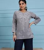 Hand embroidered grey cotton lucknowi chikankari short kurti