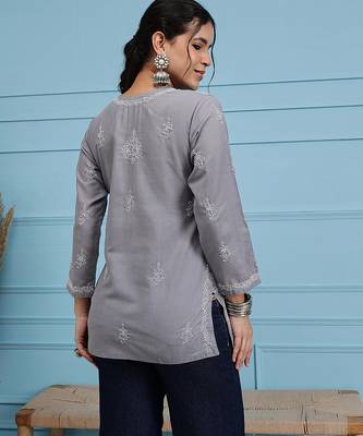 Hand embroidered grey cotton lucknowi chikankari short kurti 2