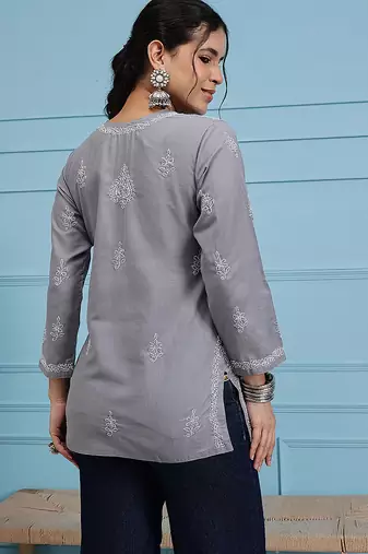 Hand embroidered grey cotton lucknowi chikankari short kurti