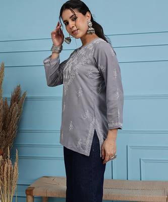 Hand embroidered grey cotton lucknowi chikankari short kurti 3