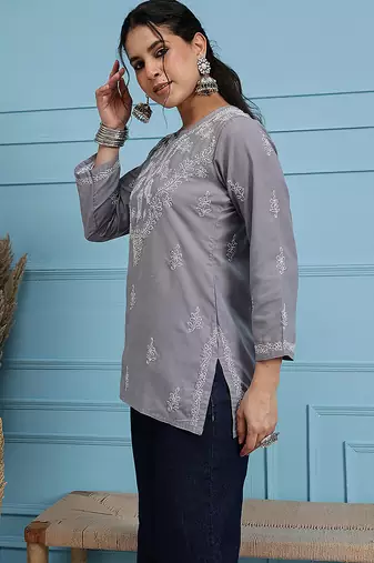 Hand embroidered grey cotton lucknowi chikankari short kurti