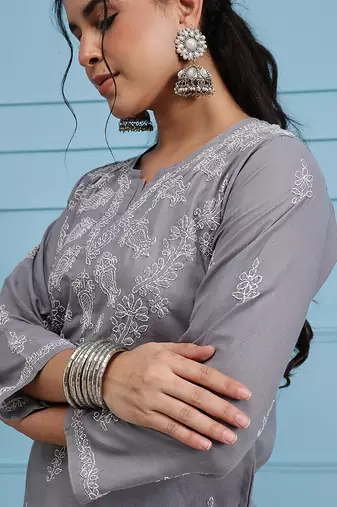 Hand embroidered grey cotton lucknowi chikankari short kurti