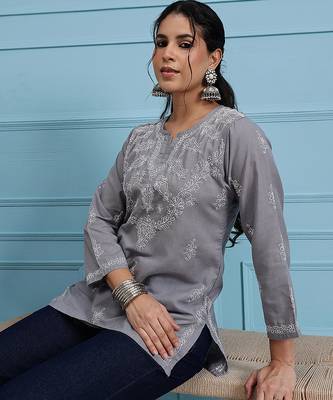 Hand embroidered grey cotton lucknowi chikankari short kurti 5