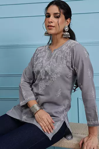 Hand embroidered grey cotton lucknowi chikankari short kurti