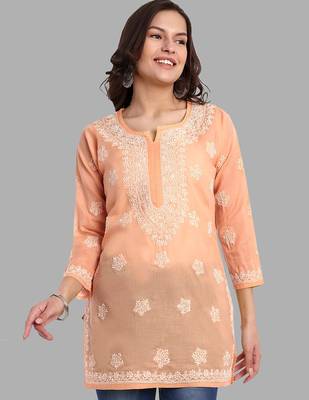 Hand embroidered crayola peach cotton lucknowi chikankari short kurti 1