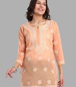 Hand embroidered crayola peach cotton lucknowi chikankari short kurti