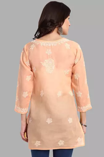 Hand embroidered crayola peach cotton lucknowi chikankari short kurti