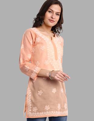 Hand embroidered crayola peach cotton lucknowi chikankari short kurti 3