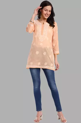 Hand embroidered crayola peach cotton lucknowi chikankari short kurti