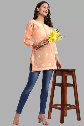 Hand embroidered crayola peach cotton lucknowi chikankari short kurti