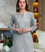 Hand embroidered grey cotton lucknowi chikankari kurti