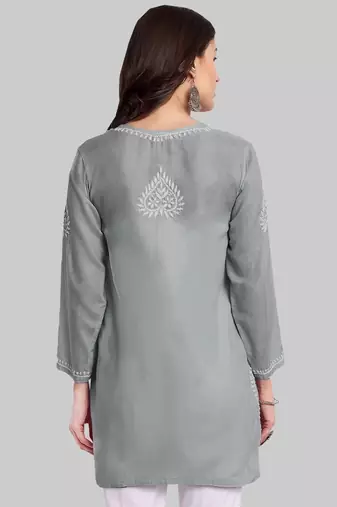Hand embroidered grey cotton lucknowi chikankari kurti