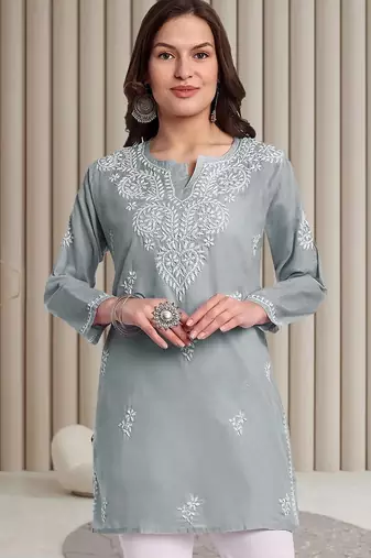 Hand embroidered grey cotton lucknowi chikankari kurti