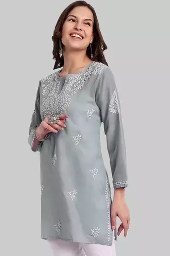 Hand embroidered grey cotton lucknowi chikankari kurti