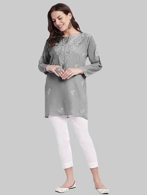 Hand embroidered grey cotton lucknowi chikankari kurti 5