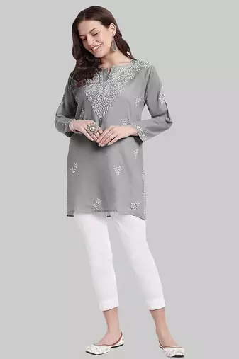 Hand embroidered grey cotton lucknowi chikankari kurti