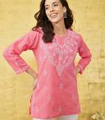 Hand embroidered pink cotton lucknowi chikankari short kurti
