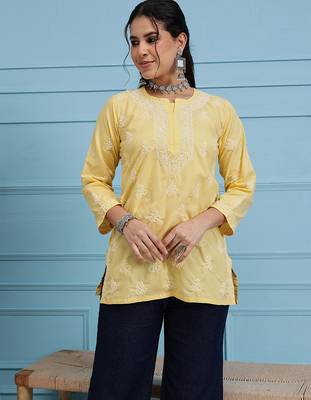 Hand embroidered yellow cotton lucknowi chikankari short kurti 1
