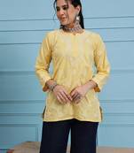 Hand embroidered yellow cotton lucknowi chikankari short kurti