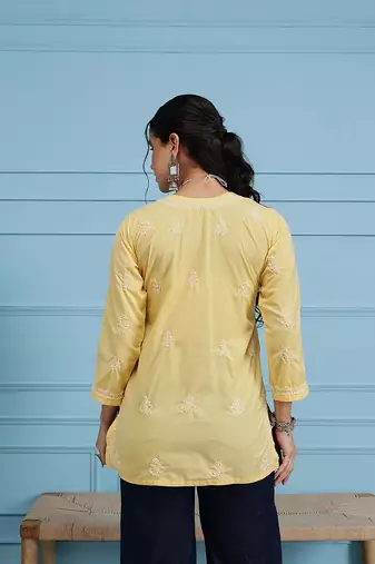 Hand embroidered yellow cotton lucknowi chikankari short kurti