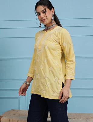 Hand embroidered yellow cotton lucknowi chikankari short kurti 3