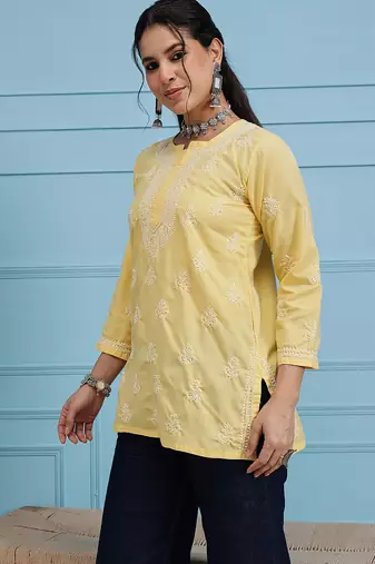 Hand embroidered yellow cotton lucknowi chikankari short kurti