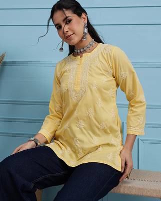 Hand embroidered yellow cotton lucknowi chikankari short kurti 4