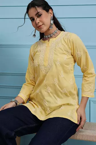 Hand embroidered yellow cotton lucknowi chikankari short kurti