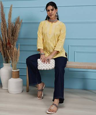 Hand embroidered yellow cotton lucknowi chikankari short kurti 5