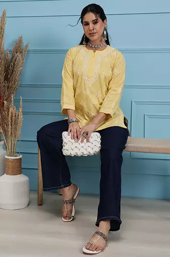 Hand embroidered yellow cotton lucknowi chikankari short kurti