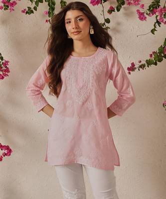 Hand embroidered pink cotton lucknowi chikankari kurti 1