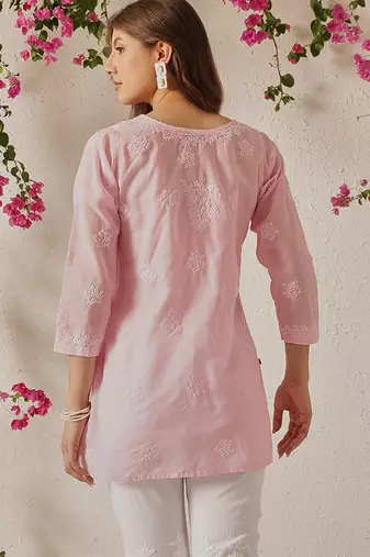 Hand embroidered pink cotton lucknowi chikankari kurti
