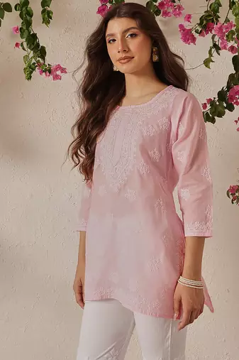 Hand embroidered pink cotton lucknowi chikankari kurti