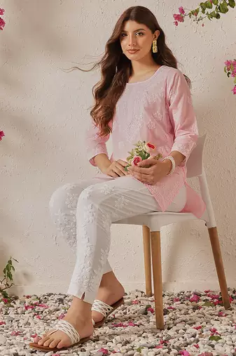 Hand embroidered pink cotton lucknowi chikankari kurti