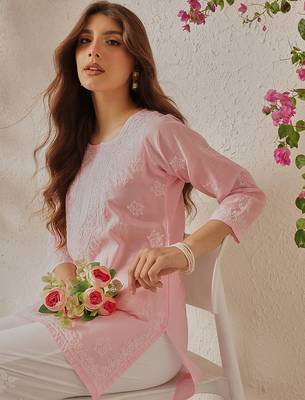 Hand embroidered pink cotton lucknowi chikankari kurti 5