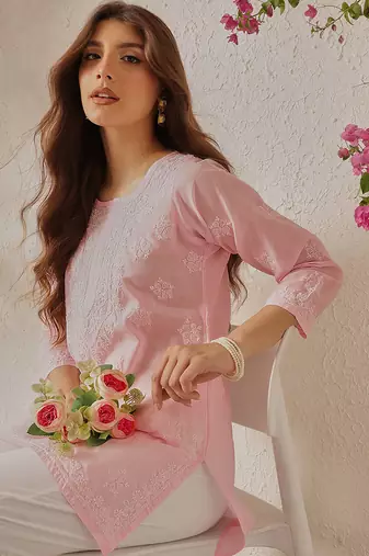 Hand embroidered pink cotton lucknowi chikankari kurti