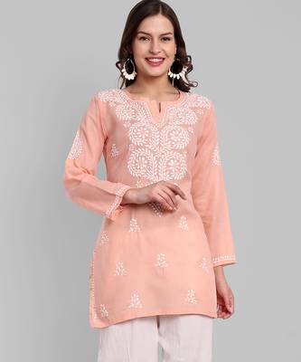 Hand embroidered peach cotton lucknowi chikankari kurti 1