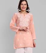 Hand embroidered peach cotton lucknowi chikankari kurti