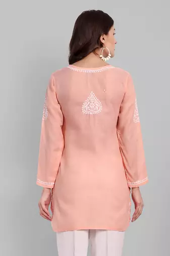 Hand embroidered peach cotton lucknowi chikankari kurti