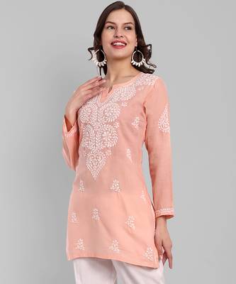 Hand embroidered peach cotton lucknowi chikankari kurti 3