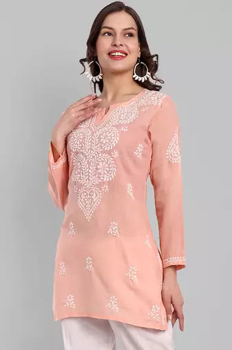 Hand embroidered peach cotton lucknowi chikankari kurti