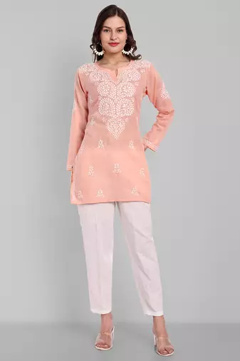 Hand embroidered peach cotton lucknowi chikankari kurti