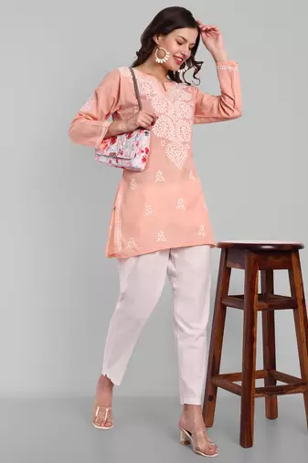 Hand embroidered peach cotton lucknowi chikankari kurti