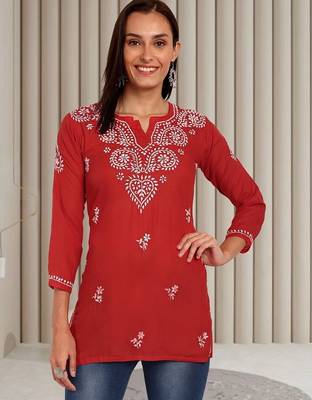 Hand embroidered red cotton lucknowi chikankari kurti 1