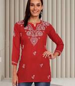 Hand embroidered red cotton lucknowi chikankari kurti
