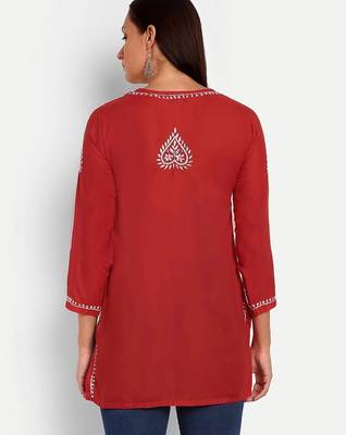 Hand embroidered red cotton lucknowi chikankari kurti 2