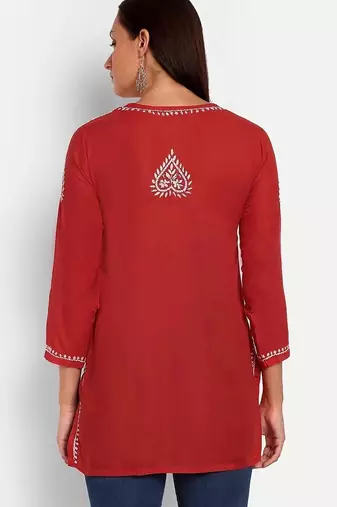 Hand embroidered red cotton lucknowi chikankari kurti